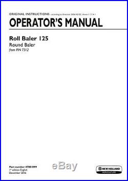 NEW HOLLAND ROLL BALER 125 from PIN 7312 BALER OPERATORS MANUAL