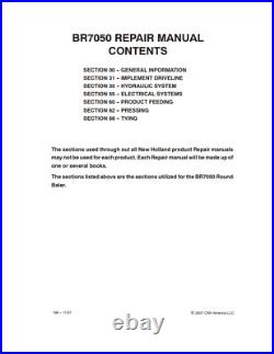 New Holland BR7050 Round Baler Complete Service Manual 87728696 PDF/USB