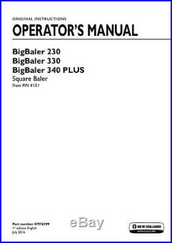 New Holland Bigbaler 230r Bigbaler 330 Bigbaler 340 Plus Baler Operators Manual