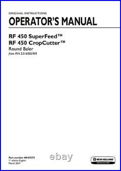 New Holland Rf 450 Cropcutter Superfeed Baler Operators Manual