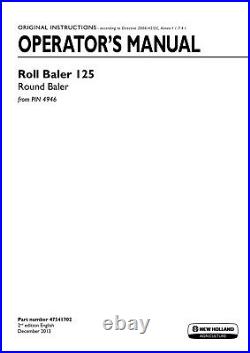 New Holland Roll Baler 125 from PIN 4946 Baler Operators Manual