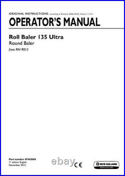 New Holland Roll Baler 135 Baler from PIN 9012 Operators Manual